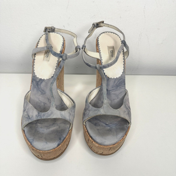 Prada Tie Dye Light Blue Suede Tan Cork Wedge Sandals Ankle Espadrilles 38 - Picture 3 of 13